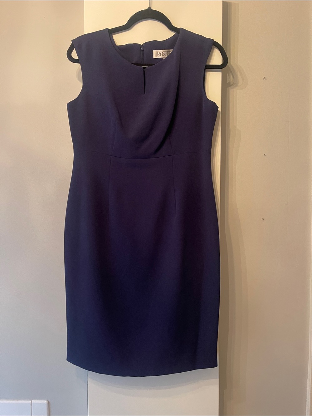 Kasper Navy Sleeveless Draped Midi Sheath Dress